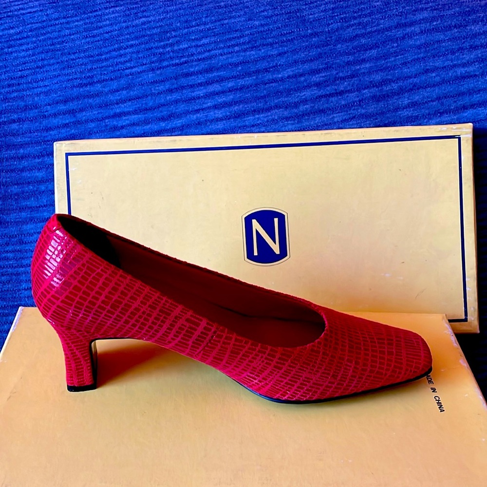 Red Leather snake print square toe heels